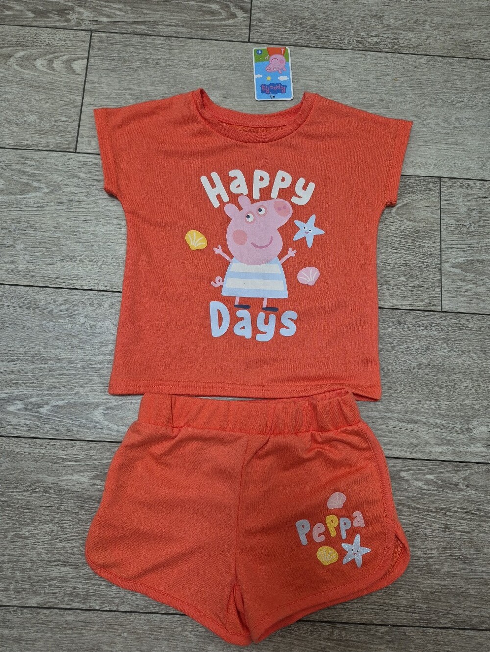 NWT Peppa Pig Graphic "HAPPY DAYS" Coral Color 2pc Top with Short Set. Size 5T